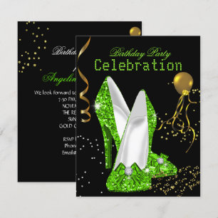 Glitter Lime Green Gold Birthday Party Celebration Invitation