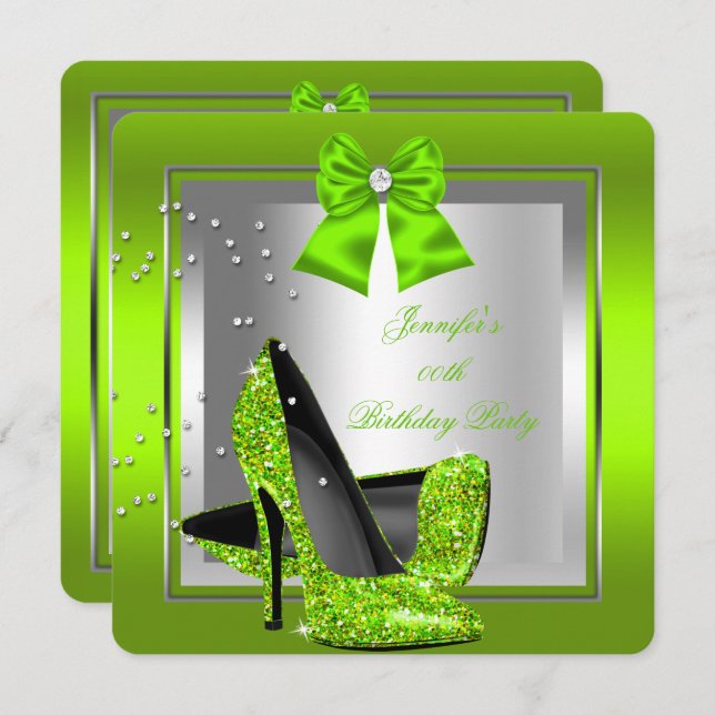 Glitter Lime Green High Heel Birthday Party Invitation (Front/Back)