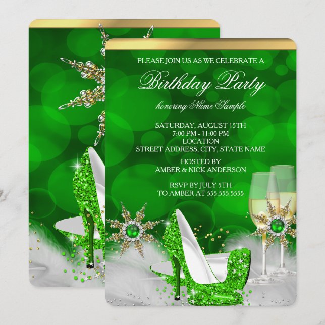 Glitter Lime Green High Heel Shoes Gold Champagne Invitation (Front/Back)