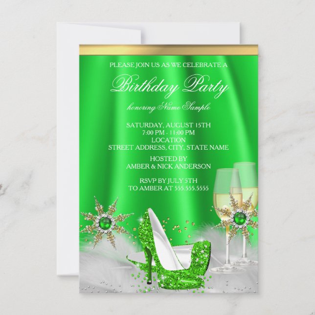 Glitter Lime Green High Heels Gold Champagne Party Invitation (Front)