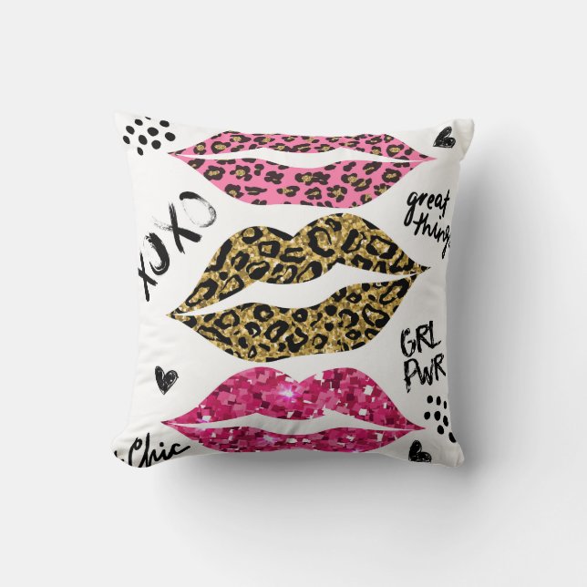 Glitter Lips: Fashionable Leopard Print Cushion (Front)