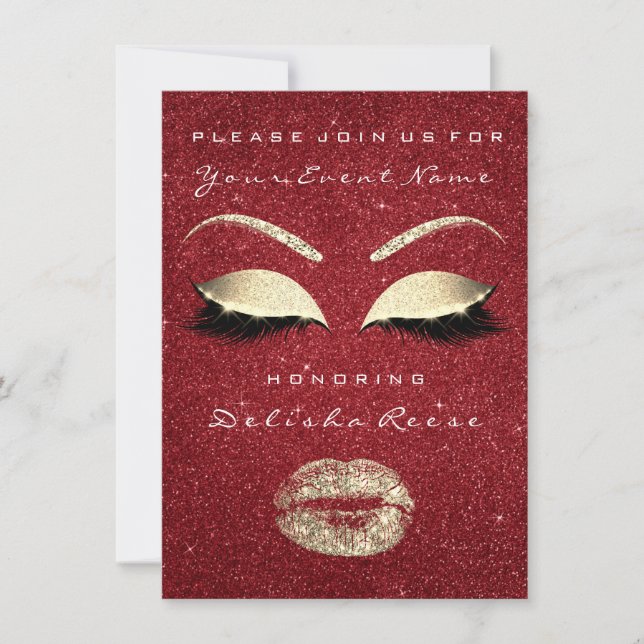 Glitter Lips Glitter Bridal Shower Red Gold Makeup Invitation (Front)