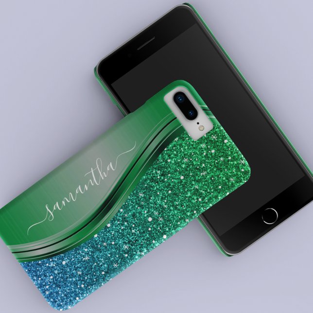 Glitter look Bright Green Blue Personalised Name Case-Mate iPhone Case (Creator Uploaded)