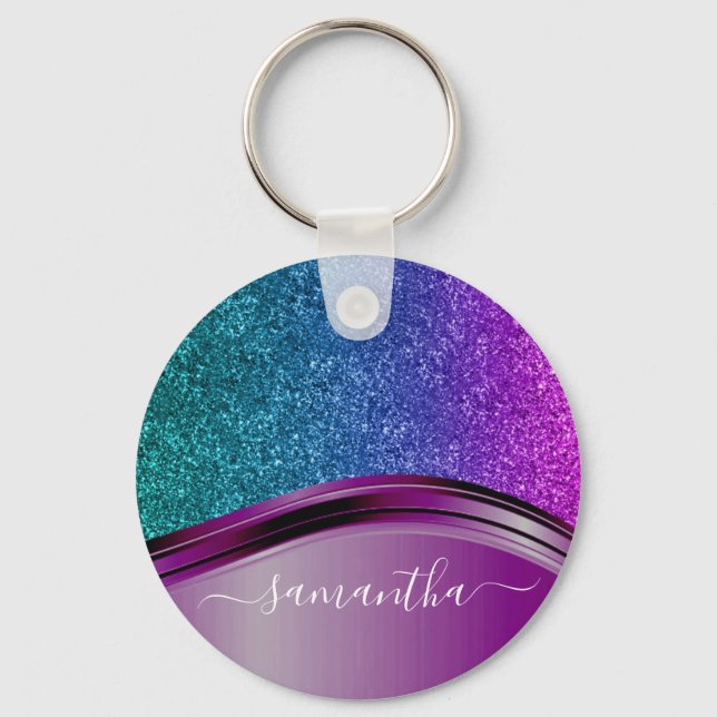 Glitter look Bright Purple Personalised Name   Key Ring (Front)