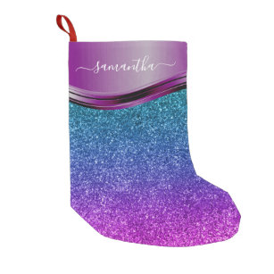 Glitter look Bright Purple Personalised Name   Small Christmas Stocking