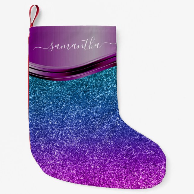 Glitter look Bright Purple Personalised Name   Small Christmas Stocking (Front)