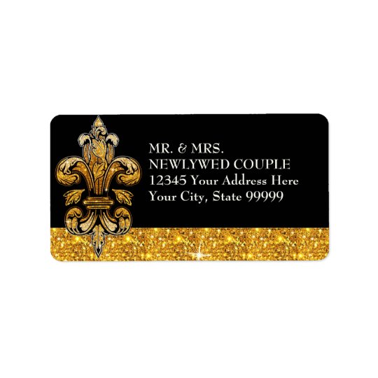 Glitter Look Faux Gold Black Formal Fleur de Lis Address Label