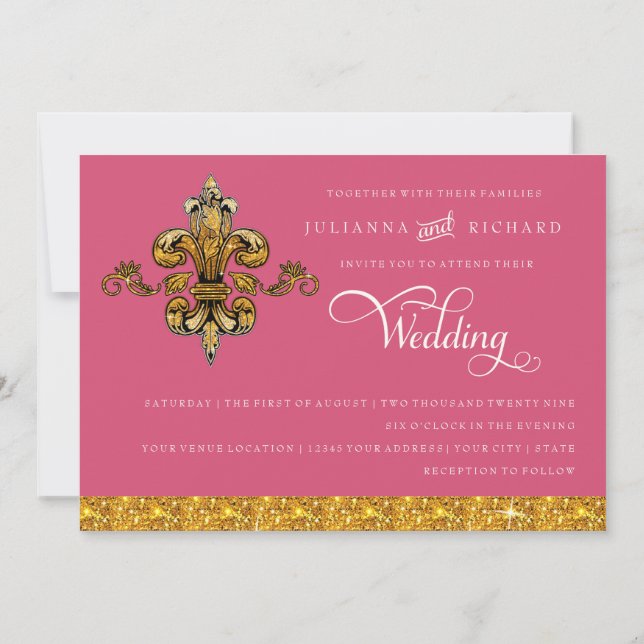Glitter Look Faux Gold Black Formal Fleur de Lis Invitation (Back)