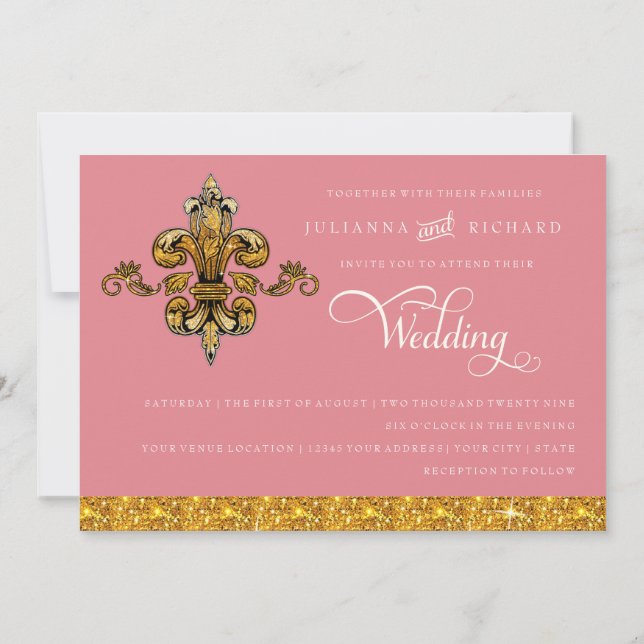 Glitter Look Faux Gold Black Formal Fleur de Lis Invitation (Back)