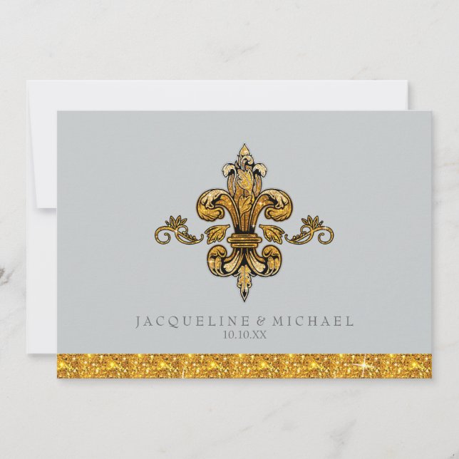 Glitter Look Faux Gold Black Formal Fleur de Lis Invitation (Front)