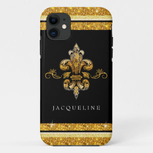Glitter Look Faux Gold Black French Fleur de Lis Case-Mate iPhone Case