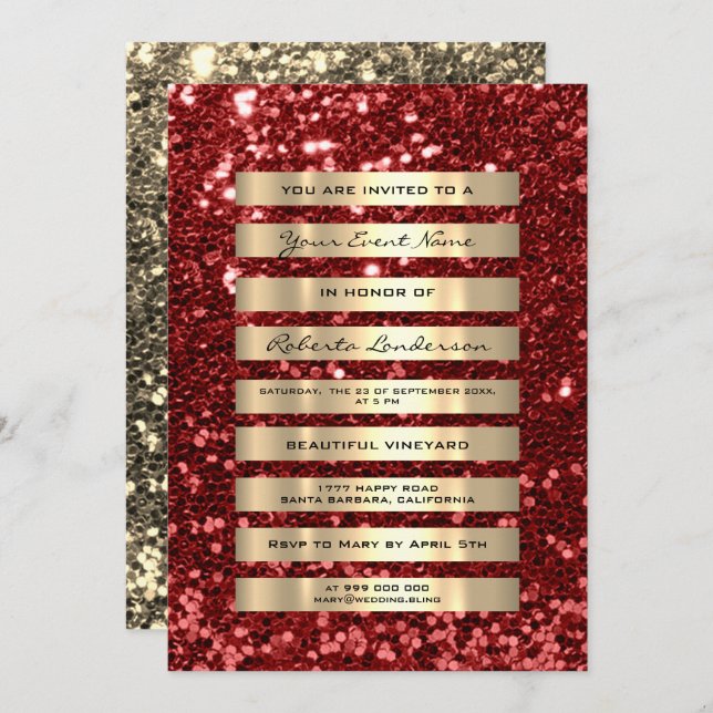 Glitter Luxury Gold Stripes Champagne Rubin Red Invitation (Front/Back)