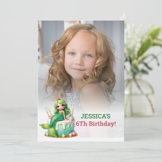 Glitter Magical Mermaid 6Th Birthday  Photo  Invitation (Standing Front)