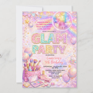 Glitter Makeup Disco Glam Kids Birthday Party Invitation