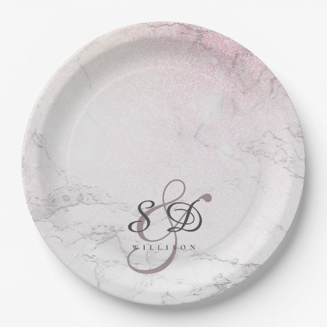 Glitter Marble couple monogram Paper Plate (Front)