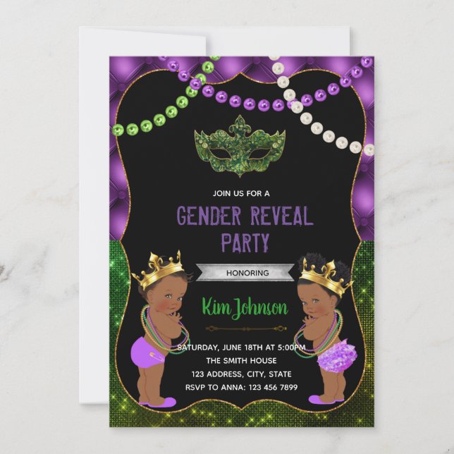 Glitter mardi gras African American gender reveal  Holiday Card (Front)