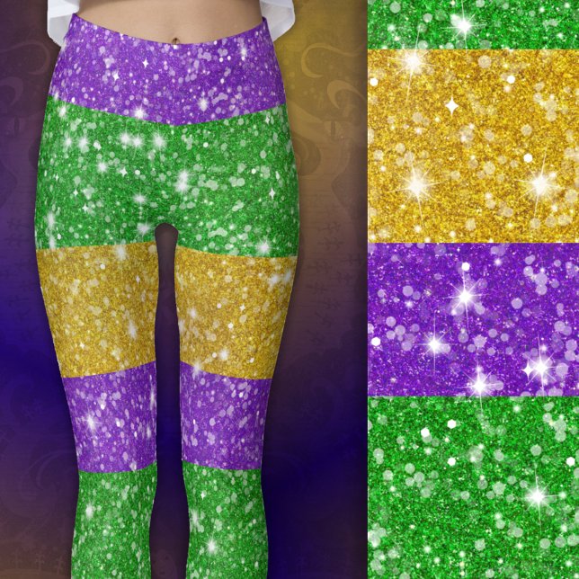 Glitter Mardi Gras Colourful Stripe Carnival Leggings (Close-up)