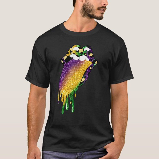 Glitter Mardi Gras Dripping Lips Mardi Gras Costum T-Shirt (Front)
