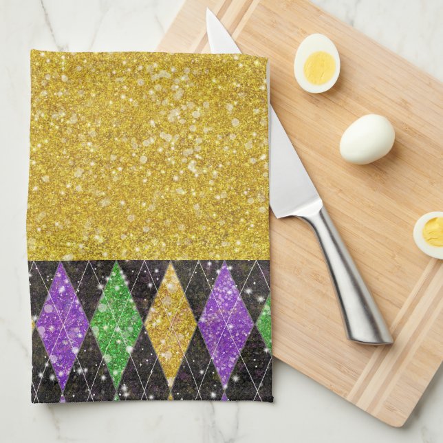 Glitter Mardi Gras Harlequin Argyle Tea Towel (Quarter Fold)