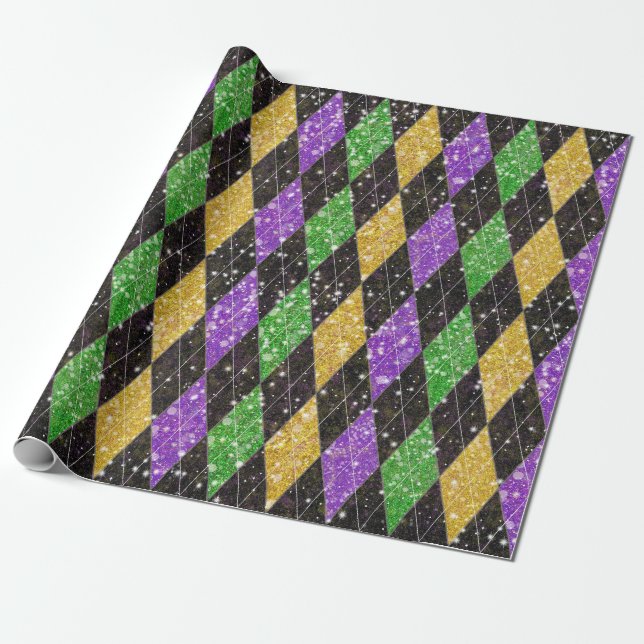 Glitter Mardi Gras Harlequin Argyle Wrapping Paper (Unrolled)