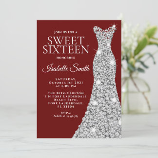 Glitter Maroon Sweet Sixteen Birthday Invitation
