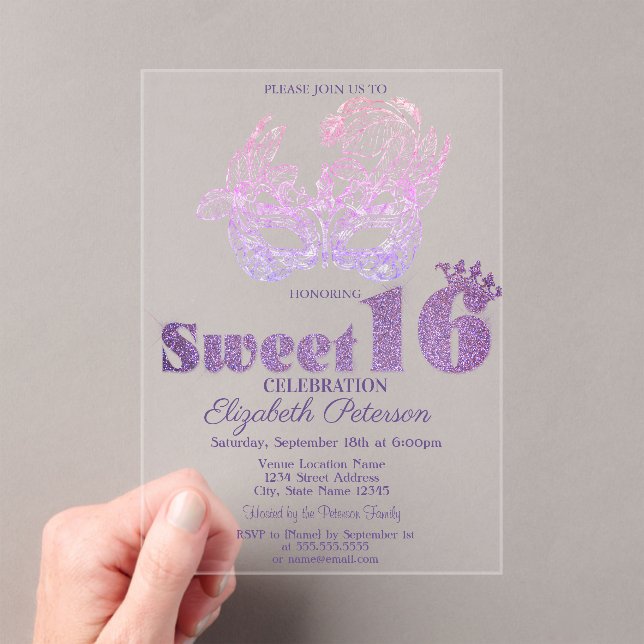 Glitter Mask Violet  Sweet 16 Acrylic Invitations (Insitu (Handheld))