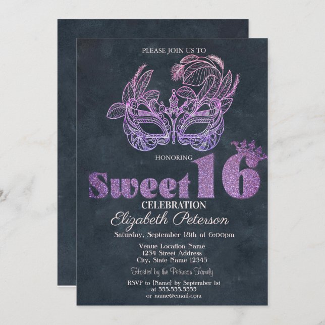 Glitter Masque Violet  Sweet 16 Invitation (Front/Back)