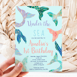 Glitter mermaid gold glitter blue 1st birthday invitation
