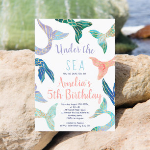 Glitter mermaid gold glitter pastel 5th birthday invitation