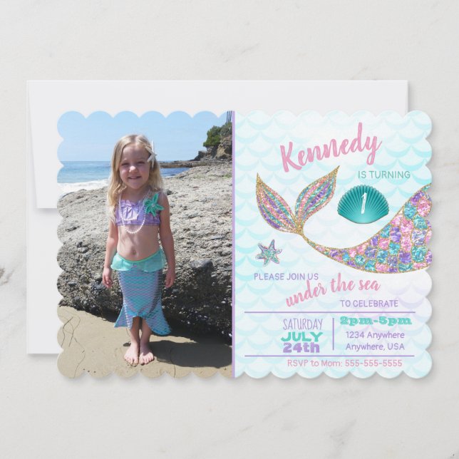 Glitter Mermaid Invitation, Under the Sea Party, Invitation (Front)
