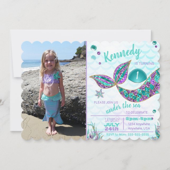 Glitter Mermaid Invitation, Under the Sea Party, Invitation (Front)