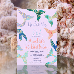 Glitter mermaid pink gold purple 1st birthday invitation