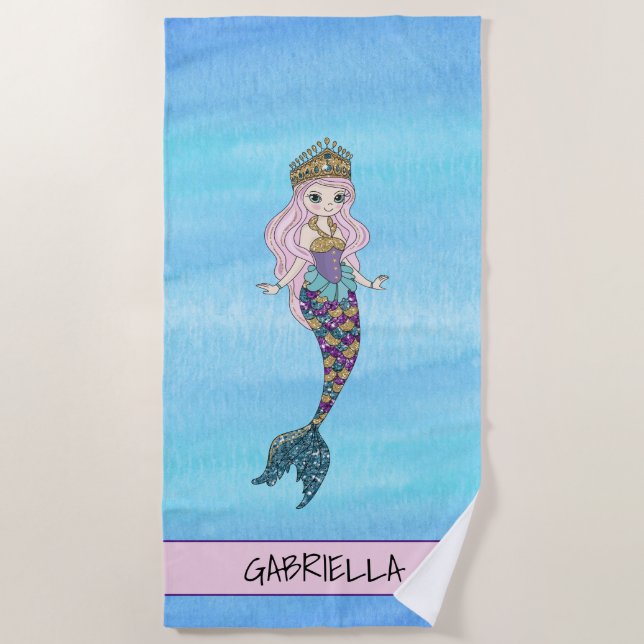 Glitter Mermaid Princess Personalised Beach Towel (Front)