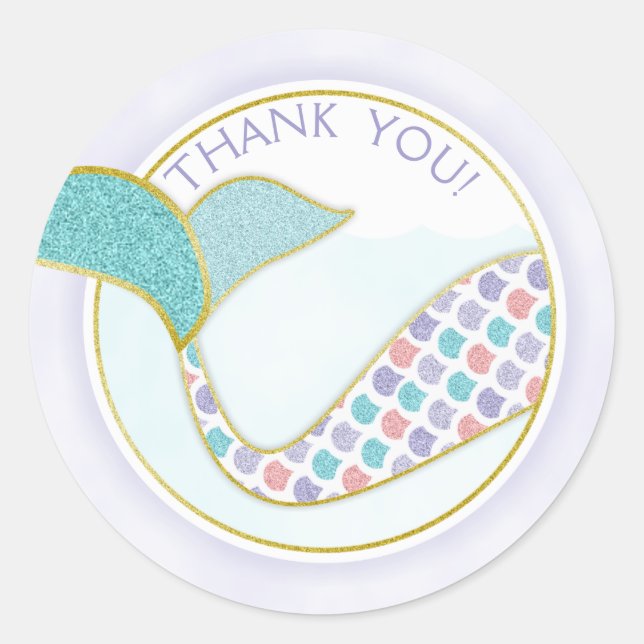 Glitter Mermaid Purple & Turquoise Thank You Classic Round Sticker (Front)