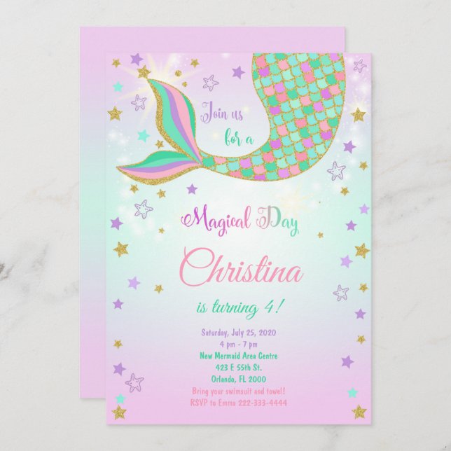 Glitter Mermaid Tail Birthday Invitation (Front/Back)