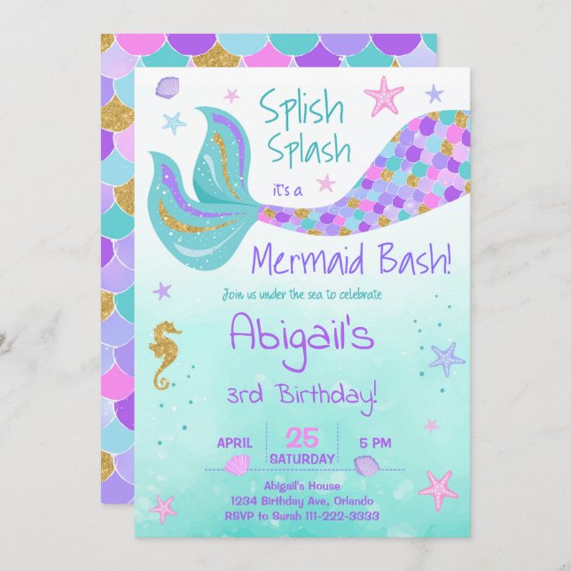 Glitter Mermaid Tail Teal Birthday Invite (Front/Back)