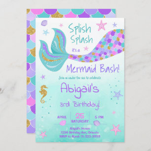 Glitter Mermaid Tail Teal Birthday Invite