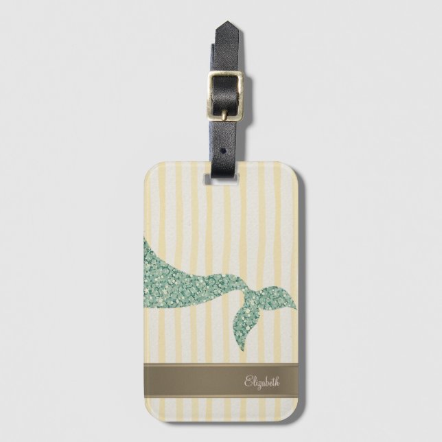 Glitter Mermaid Tail Yellow Stripes Luggage Tag (Front Vertical)