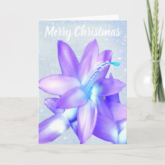 *~* Glitter Merry Christmas Flower Blue Customise Holiday Card (Front)