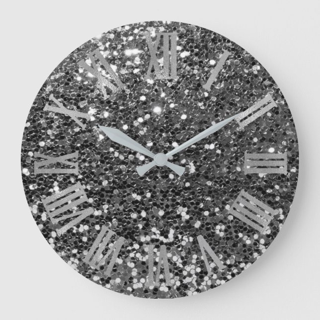 Glitter Metallic Roman Numbers Silver Graphit Grey Large Clock (Front)