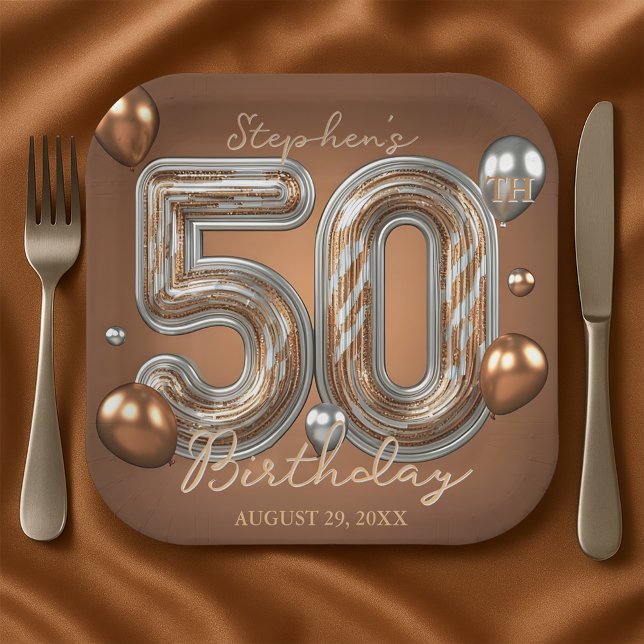 Glitter Metallic Silver and Bronze 50th Birthday Paper Plate (Creator Uploaded)