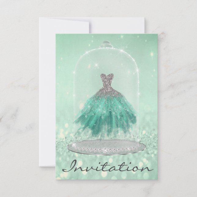 Glitter Mint Green Blue Diamond Dress Sweet 16th Invitation (Front)