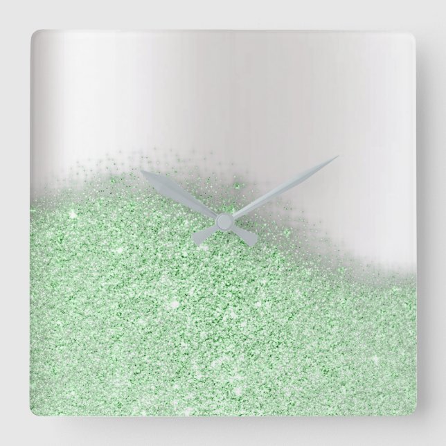 Glitter Mint Green Greenery Grey Minimal Metallic Square Wall Clock (Front)