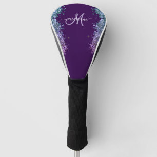 Glitter Modern Monogram Purple Teal Blue Shiny  Golf Head Cover