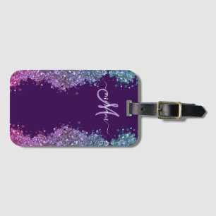 Glitter Modern Monogram Purple Teal Blue Shiny  Luggage Tag