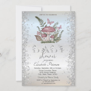 Glitter Mushrooms Butterflies Silver Baby Shower Invitation