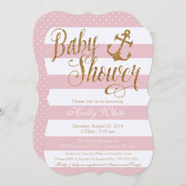 Glitter Nautical Girl Baby Shower Invitation (Front/Back)