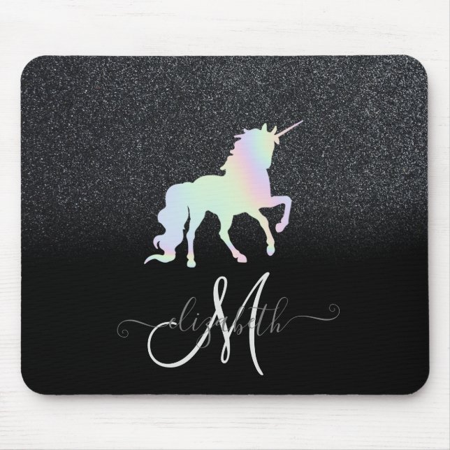 Glitter Ombre Black Monogram Holographic Unicorn Mouse Pad (Front)