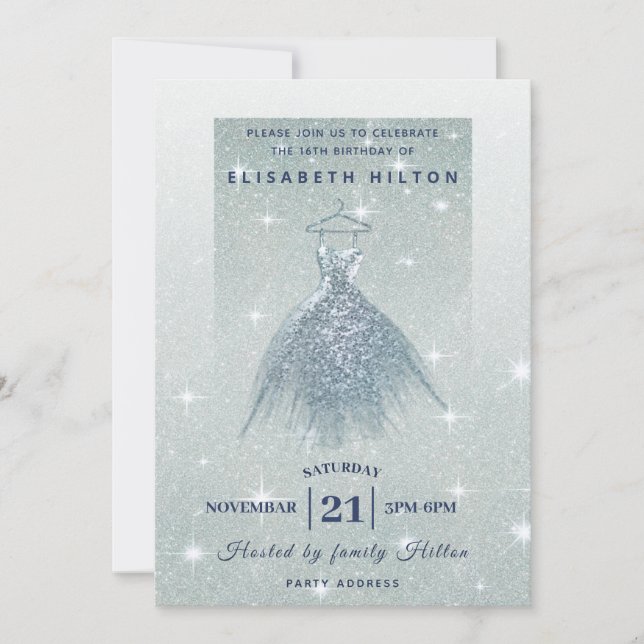 Glitter ombre dusty blue dress sweet sixteen invitation (Front)