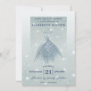 Glitter ombre dusty blue dress sweet sixteen invitation
